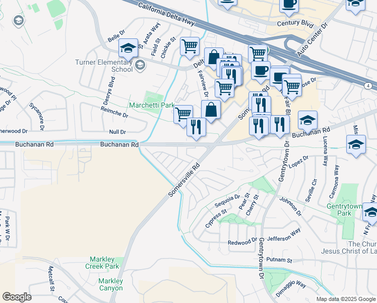 map of restaurants, bars, coffee shops, grocery stores, and more near in Antioch