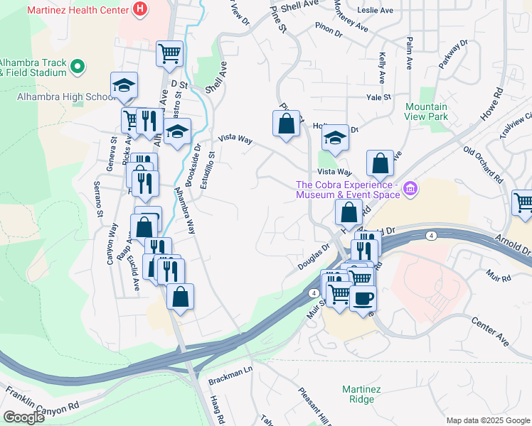 map of restaurants, bars, coffee shops, grocery stores, and more near 3410 Vista Oaks Drive in Martinez