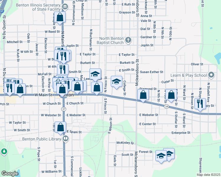 map of restaurants, bars, coffee shops, grocery stores, and more near 100-198 North Frisco Street in Benton