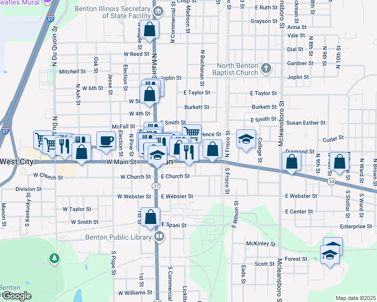 map of restaurants, bars, coffee shops, grocery stores, and more near 307-399 East Washington Street in Benton