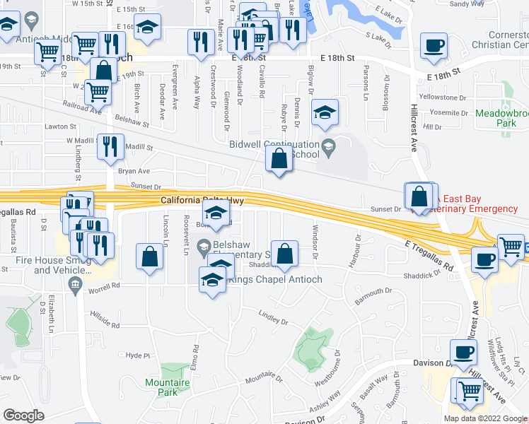map of restaurants, bars, coffee shops, grocery stores, and more near 2700 Bonita Avenue in Antioch
