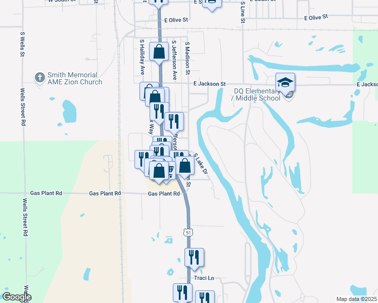 map of restaurants, bars, coffee shops, grocery stores, and more near 900 South Lake Drive in Du Quoin