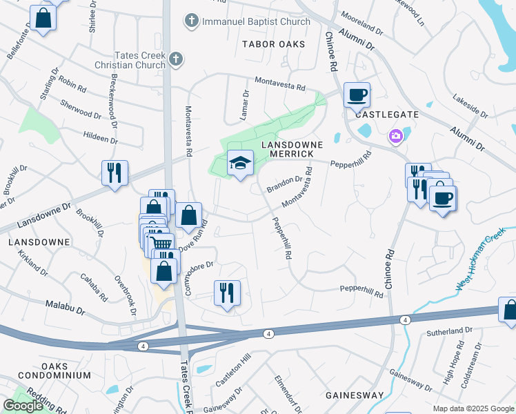 map of restaurants, bars, coffee shops, grocery stores, and more near 3370 Montavesta Road in Lexington