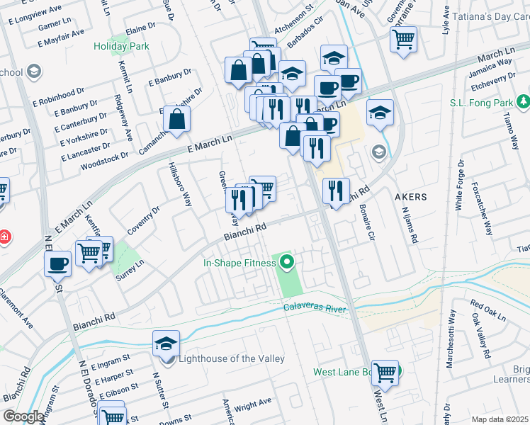 map of restaurants, bars, coffee shops, grocery stores, and more near 927 Greensboro Court in Stockton