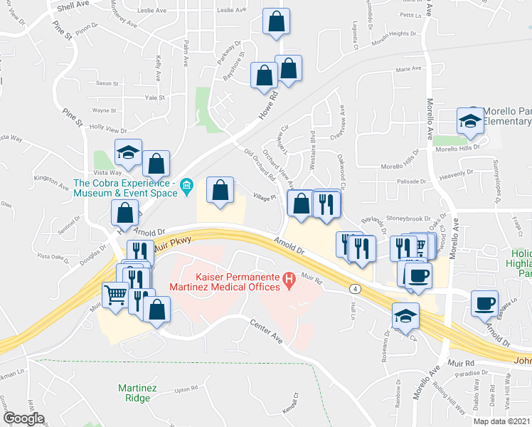 map of restaurants, bars, coffee shops, grocery stores, and more near 430 Mill Road in Martinez