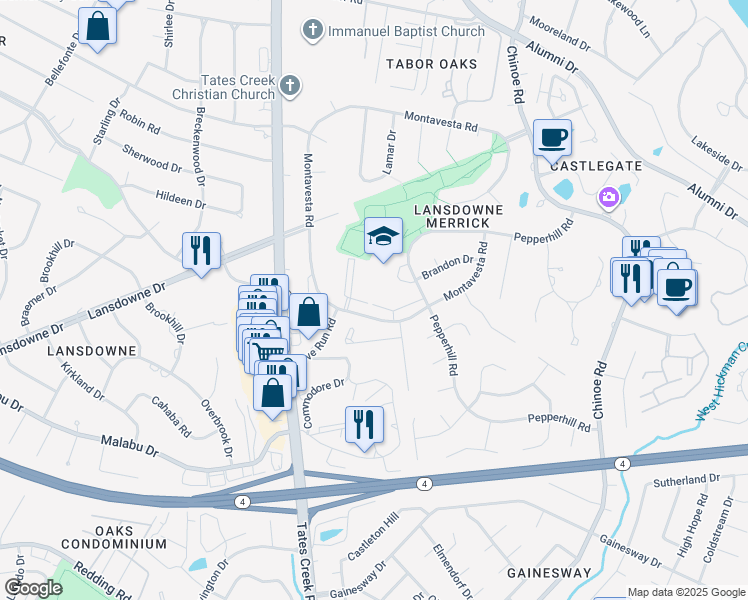 map of restaurants, bars, coffee shops, grocery stores, and more near 3340 Montavesta Road in Lexington