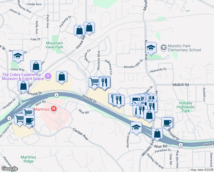 map of restaurants, bars, coffee shops, grocery stores, and more near 4864 Shadowfalls Drive in Martinez