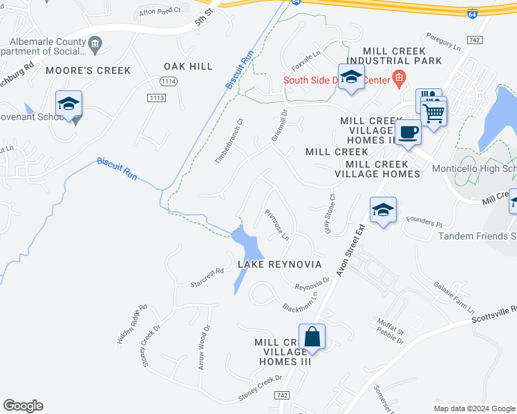 map of restaurants, bars, coffee shops, grocery stores, and more near 196 Buttercup Lane in Charlottesville