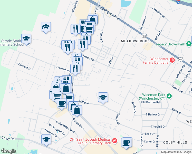 map of restaurants, bars, coffee shops, grocery stores, and more near 1434 Westwood Drive in Winchester