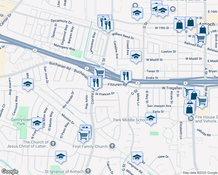 map of restaurants, bars, coffee shops, grocery stores, and more near 906 Fitzuren Road in Antioch