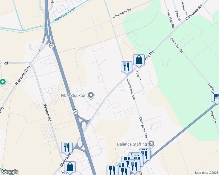 map of restaurants, bars, coffee shops, grocery stores, and more near 4523 Cherokee Road in Stockton