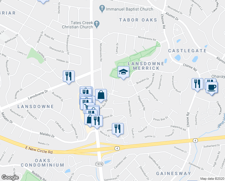 map of restaurants, bars, coffee shops, grocery stores, and more near 3308 Montavesta Road in Lexington