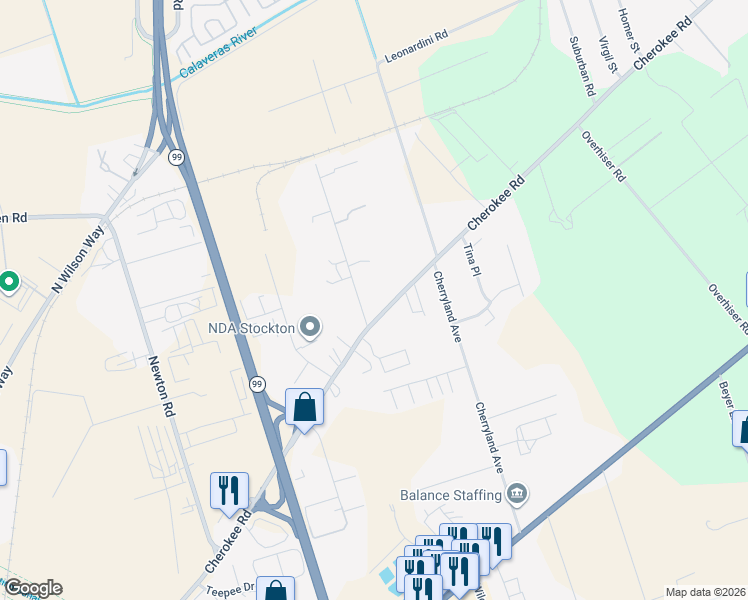 map of restaurants, bars, coffee shops, grocery stores, and more near 4523 Cherokee Road in Stockton