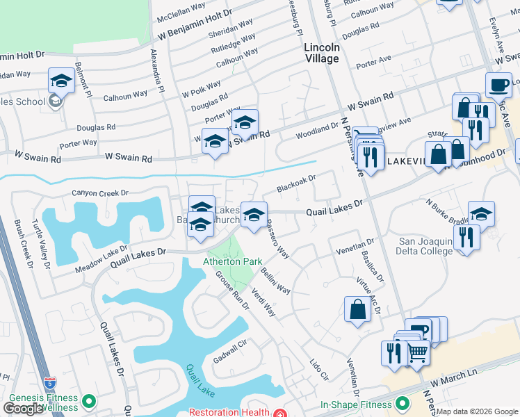map of restaurants, bars, coffee shops, grocery stores, and more near 5625 Passero Way in Stockton