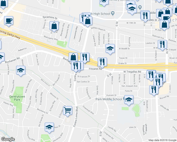 map of restaurants, bars, coffee shops, grocery stores, and more near 906 Fitzuren Road in Antioch