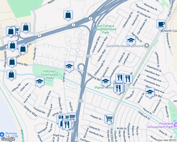 map of restaurants, bars, coffee shops, grocery stores, and more near 2219 Hillsborough Court in Concord