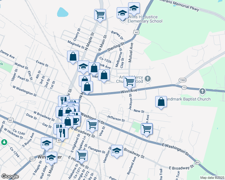 map of restaurants, bars, coffee shops, grocery stores, and more near 135 Winn Avenue in Winchester