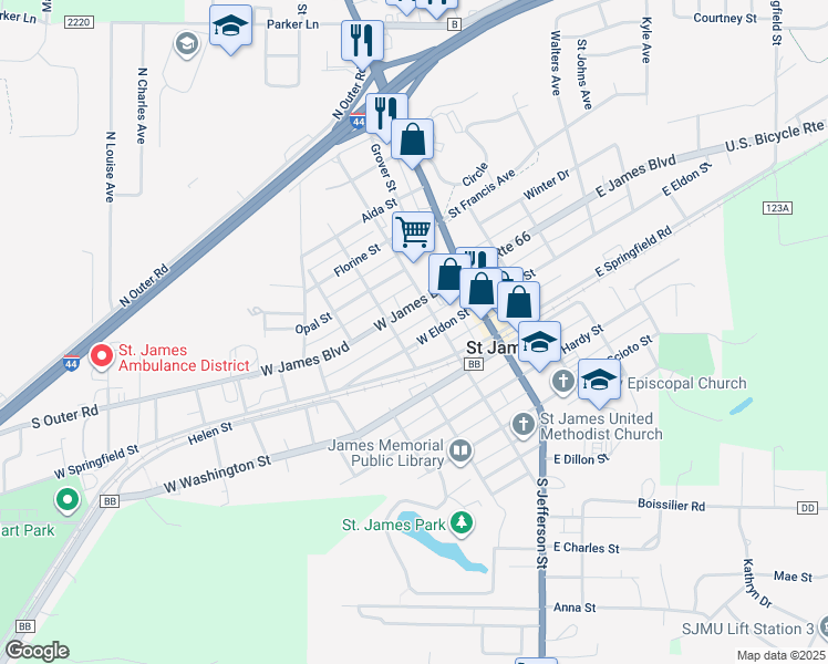 map of restaurants, bars, coffee shops, grocery stores, and more near 220 West James Boulevard in Saint James