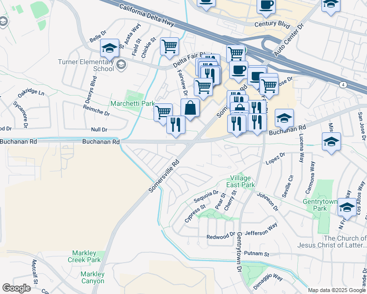 map of restaurants, bars, coffee shops, grocery stores, and more near in Antioch