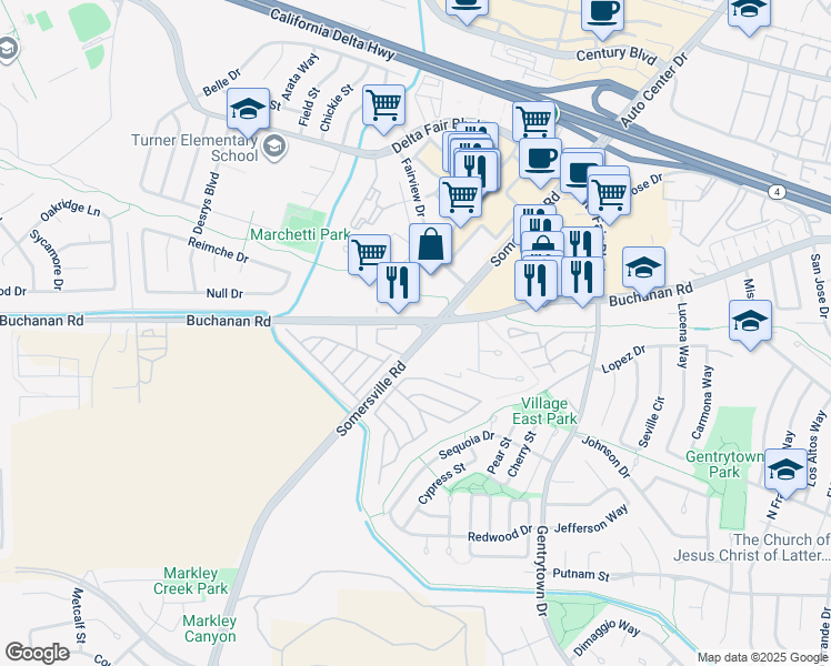 map of restaurants, bars, coffee shops, grocery stores, and more near 3421 Delta de Anza Regional Trail in Antioch