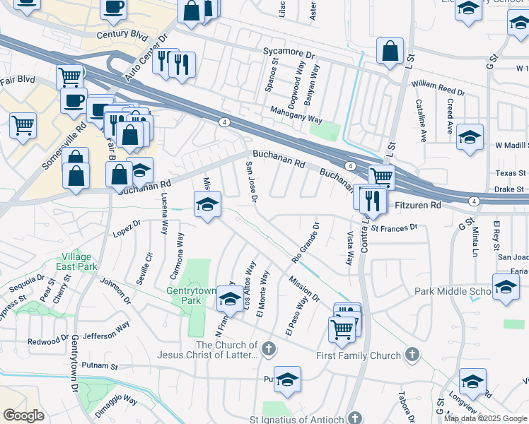 map of restaurants, bars, coffee shops, grocery stores, and more near 1600 San Jose Drive in Antioch