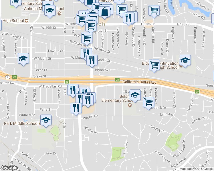 map of restaurants, bars, coffee shops, grocery stores, and more near 2017 Sunset Lane in Antioch