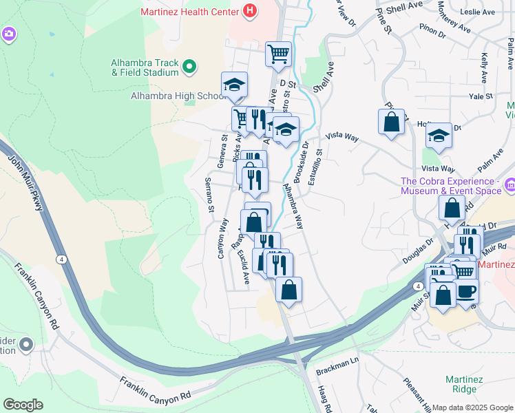 map of restaurants, bars, coffee shops, grocery stores, and more near Alhambra Avenue & J Street in Martinez