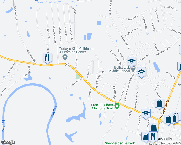 map of restaurants, bars, coffee shops, grocery stores, and more near 195 Tara Circle in Shepherdsville