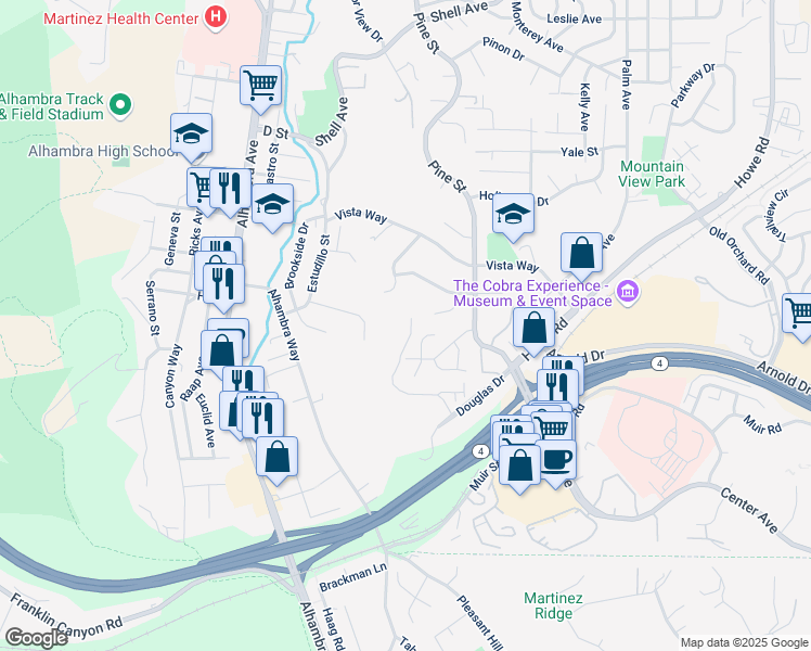 map of restaurants, bars, coffee shops, grocery stores, and more near 3430 Vista Oaks Drive in Martinez