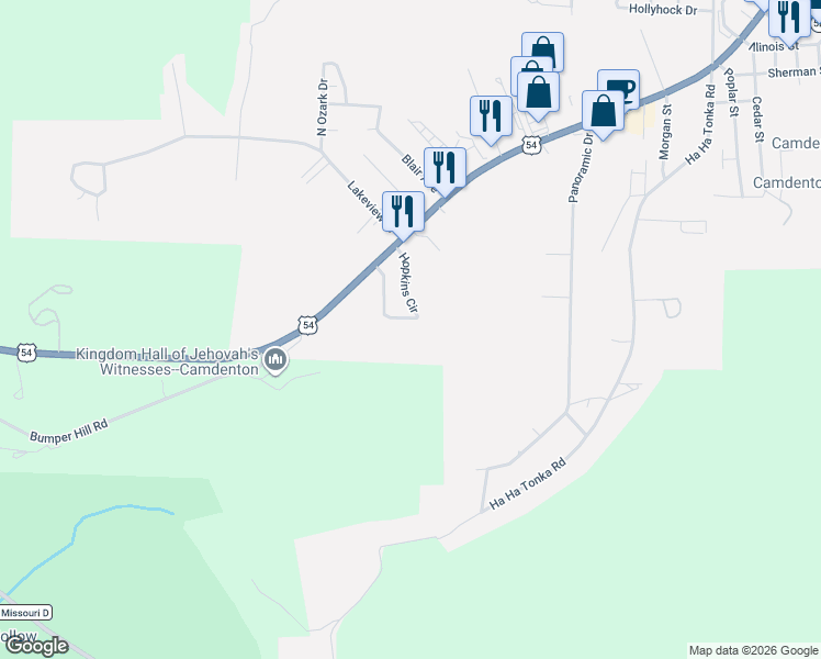 map of restaurants, bars, coffee shops, grocery stores, and more near 101-181 Hopkins Circle in Camdenton