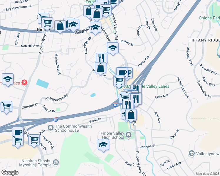 map of restaurants, bars, coffee shops, grocery stores, and more near 1431 Oak Hollow Court in Pinole