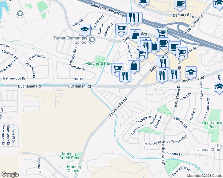 map of restaurants, bars, coffee shops, grocery stores, and more near 3301 Buchanan Road in Antioch