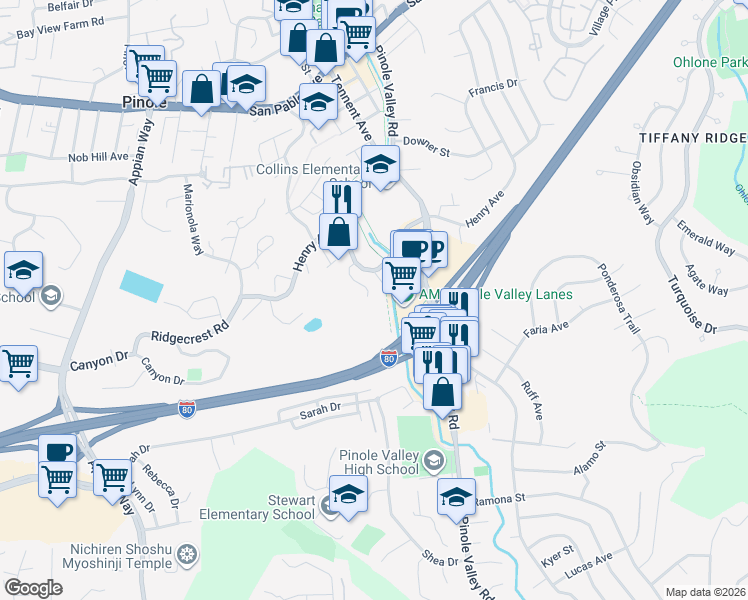 map of restaurants, bars, coffee shops, grocery stores, and more near 1423 Oak Hollow Court in Pinole