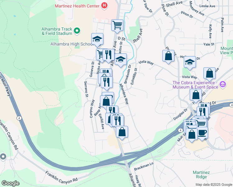 map of restaurants, bars, coffee shops, grocery stores, and more near 600 J Street in Martinez