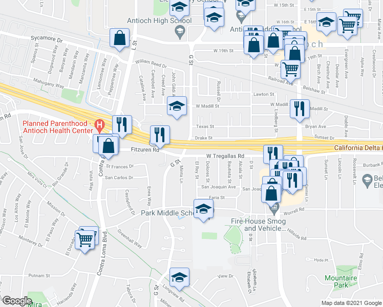 map of restaurants, bars, coffee shops, grocery stores, and more near 2738a West Tregallas Road in Antioch