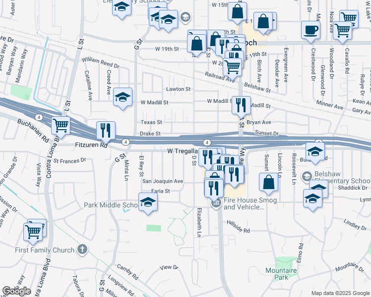 map of restaurants, bars, coffee shops, grocery stores, and more near 289 West Tregallas Road in Antioch