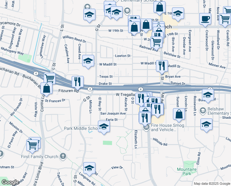 map of restaurants, bars, coffee shops, grocery stores, and more near 406-408 West Tregallas Road in Antioch