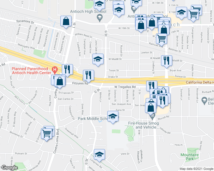 map of restaurants, bars, coffee shops, grocery stores, and more near 2738a West Tregallas Road in Antioch