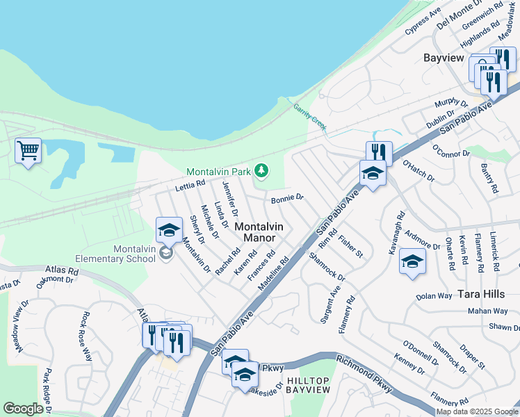 map of restaurants, bars, coffee shops, grocery stores, and more near 280 Bonnie Drive in San Pablo