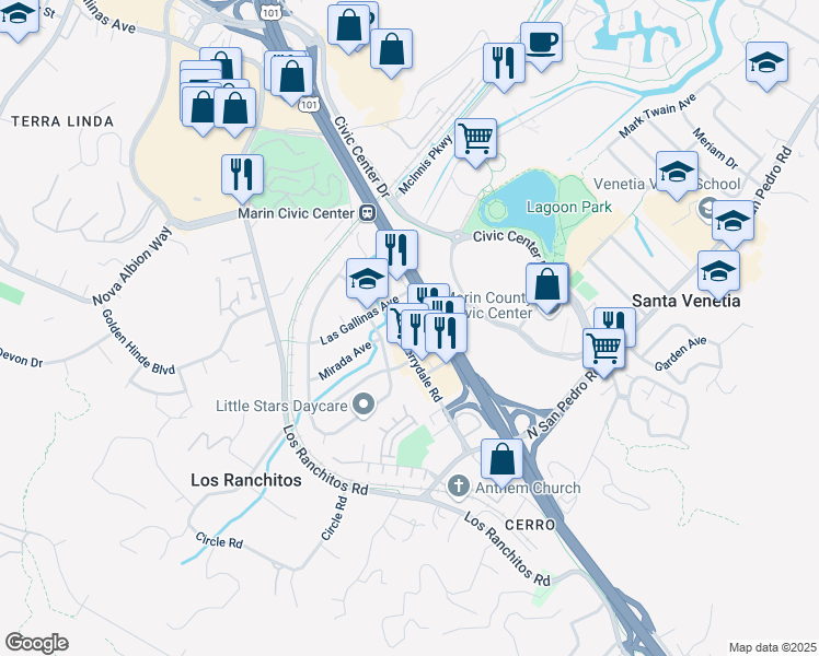 map of restaurants, bars, coffee shops, grocery stores, and more near 280 Merrydale Road in San Rafael
