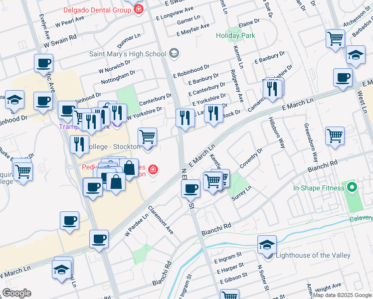 map of restaurants, bars, coffee shops, grocery stores, and more near 5236 North El Dorado Street in Stockton