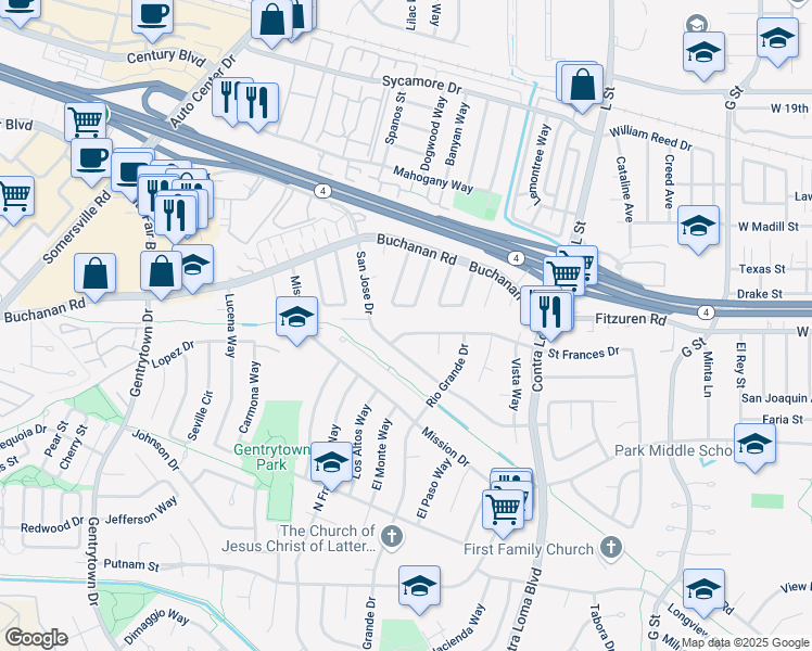 map of restaurants, bars, coffee shops, grocery stores, and more near 1420 Saint Frances Drive in Antioch