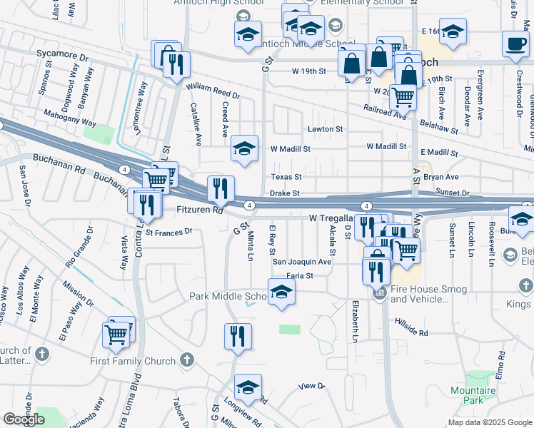 map of restaurants, bars, coffee shops, grocery stores, and more near 630 West Tregallas Road in Antioch