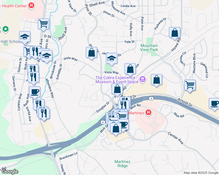 map of restaurants, bars, coffee shops, grocery stores, and more near 321 Via Cordova Lane in Martinez
