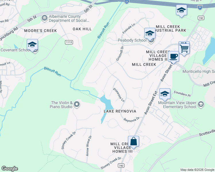 map of restaurants, bars, coffee shops, grocery stores, and more near 225 Larkspur Way in Charlottesville