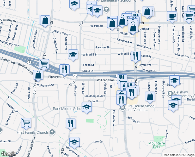 map of restaurants, bars, coffee shops, grocery stores, and more near 406-408 West Tregallas Road in Antioch