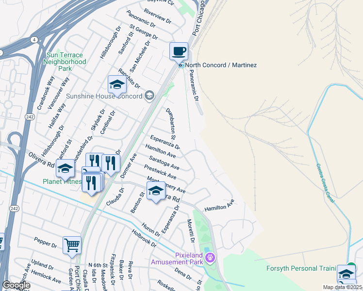 map of restaurants, bars, coffee shops, grocery stores, and more near 3518 Esperanza Drive in Concord