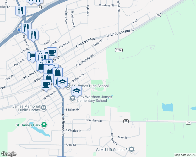 map of restaurants, bars, coffee shops, grocery stores, and more near 433 East Scioto Street in Saint James