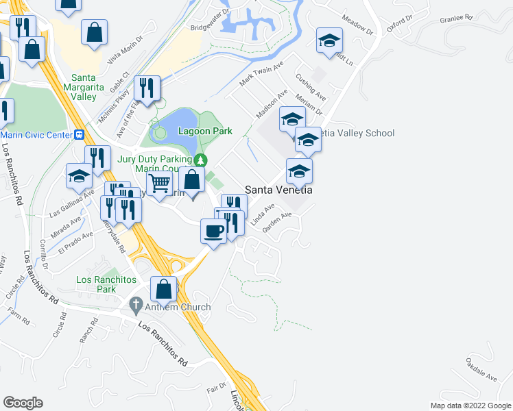 map of restaurants, bars, coffee shops, grocery stores, and more near in Santa Venetia