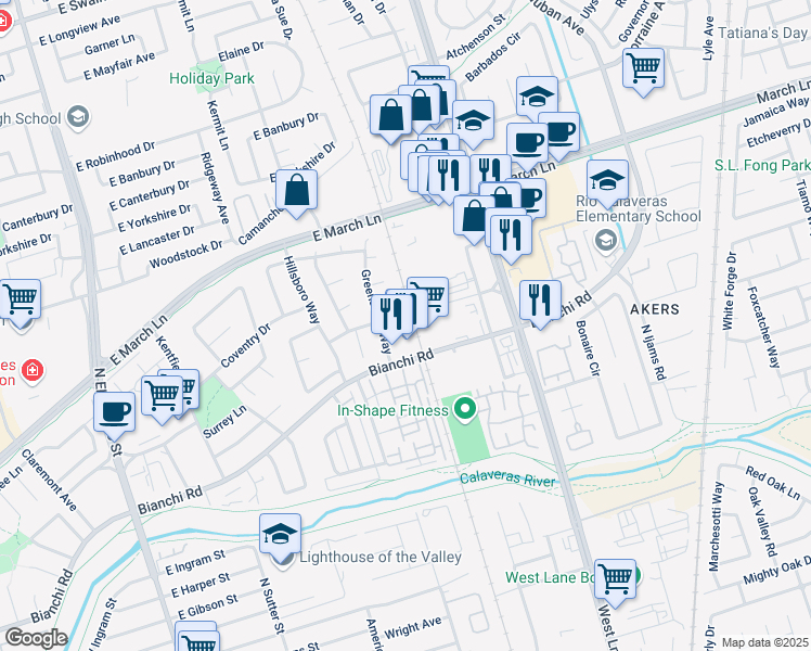 map of restaurants, bars, coffee shops, grocery stores, and more near 927 Greensboro Court in Stockton